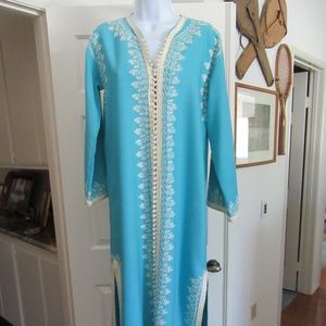 Vintage Embroidered Caftan Robe Dress Aqua